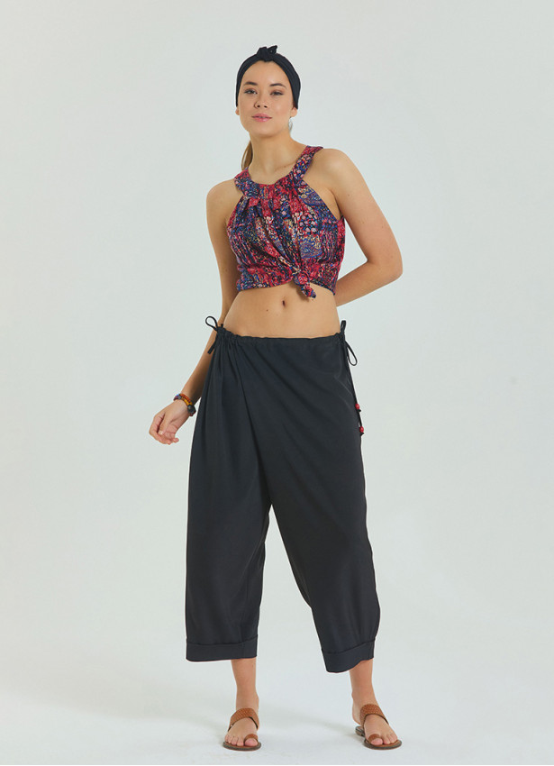 Adjustable Waist Black Women's Summer Trousers with Rope Detail 4583